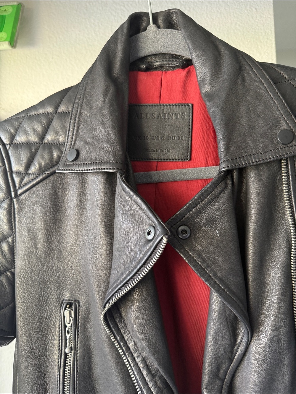 All Saints Black Leather Moto Jacket with Quilted Shoulders - Picture 3 of 4